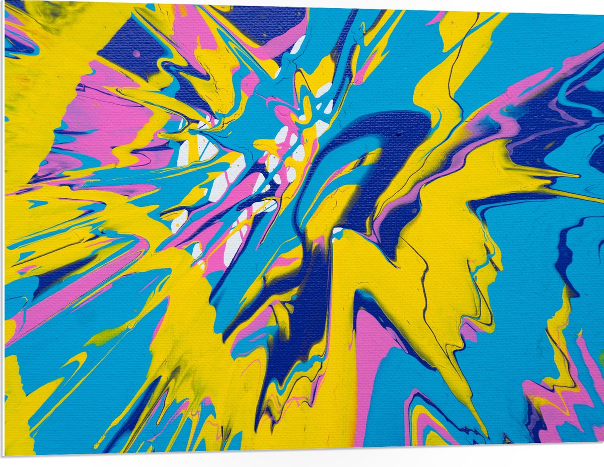 PVC Schuimplaat- Mix van Felle Kleuren Verf in Geel, Blauw en Roze - 100x75 cm Foto op PVC