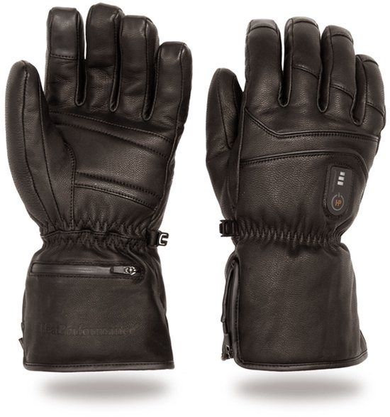 Zwarte lederen handschoenen met ritssluiting, knop en ceintuur.