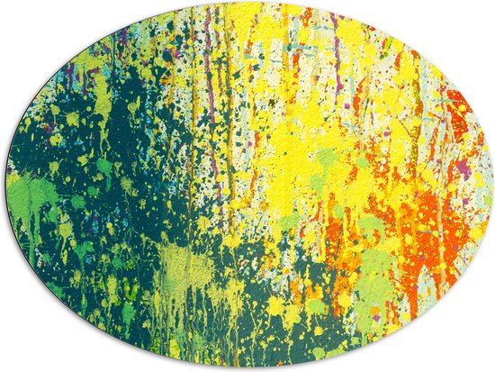 Dibond Ovaal - Gele, Groene en Oranje Vlekken - 108x81 cm Foto op Ovaal (Met Ophangsysteem)