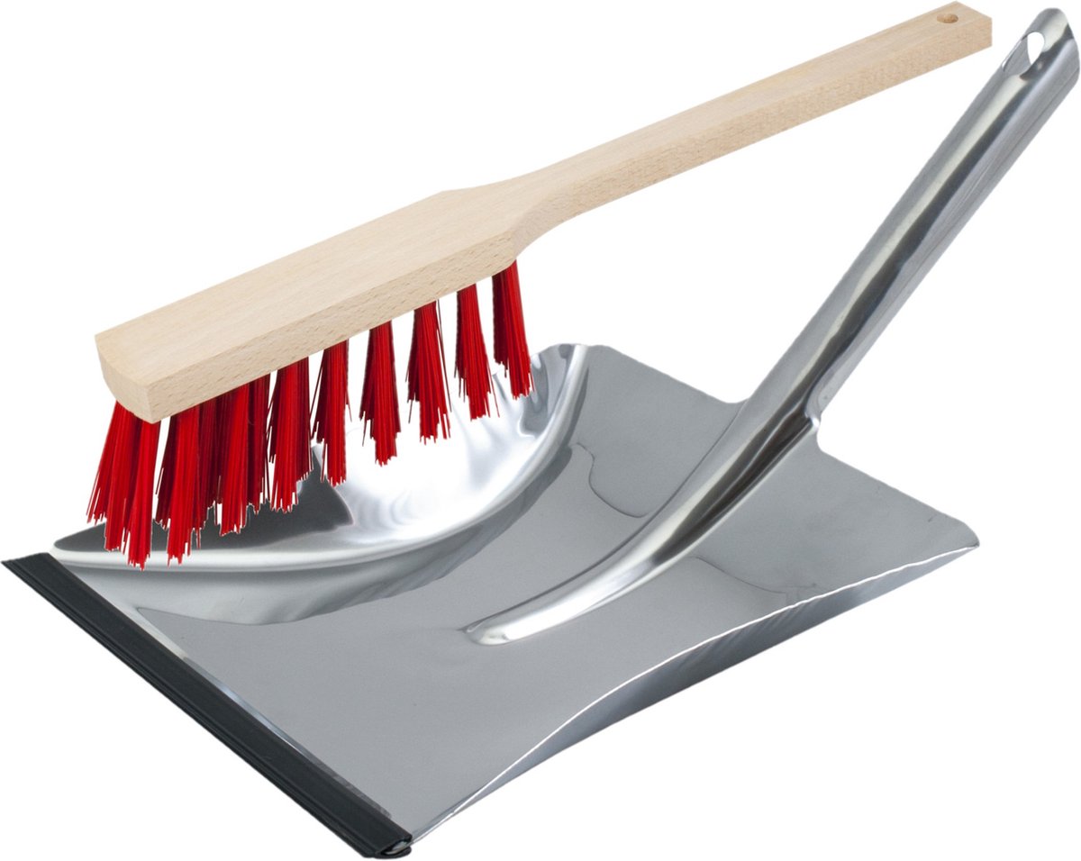 Goedkoopste Stoffer en blik zilver/rood van RVS/hout inclusief lip voor buiten