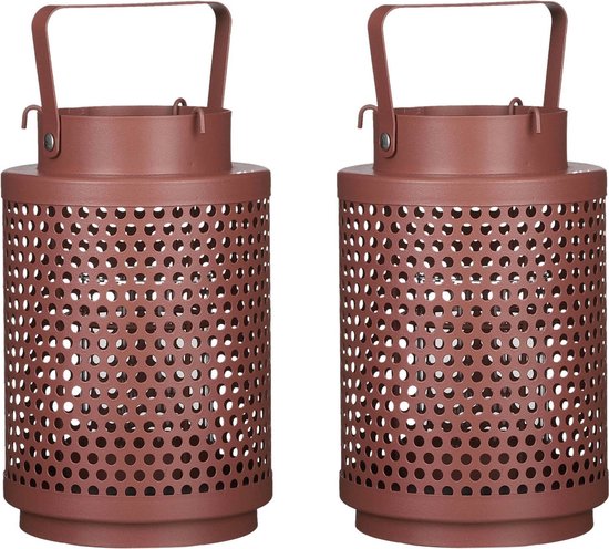 Set van 2x stuks ijzeren lantaarn/windlicht kaarshouder oud roze 18,5 x 12 cm - Kaarslantaarns voor binnen en buiten