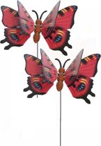 Set van 2x stuks metalen vlinder rood 11 x 70 cm op steker - Tuindecoratie vlinders - Dierenbeelden