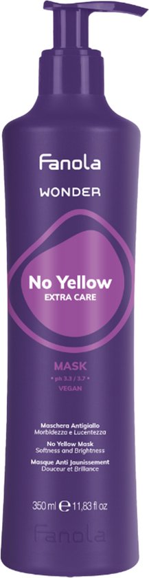 Paarse fles met pompdispenser, met 'Fanola Wonder No Yellow Extra Care Mask' in witte letters op een paars label met een paarse ovaal.