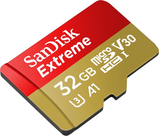 SanDisk Extreme 32GB microSD kaart, rood en goudkleurig.