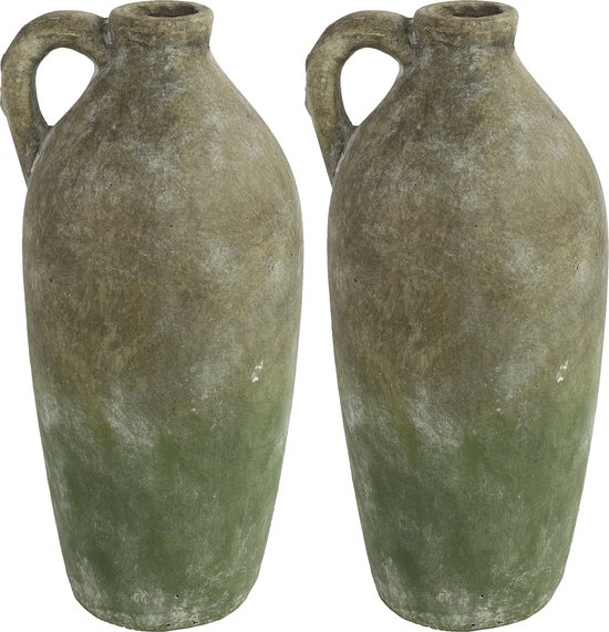 Countryfield Vase à fleurs Pichet Amphora Marvin - 2x - gris/vert - céramique - D14 x H32 cm