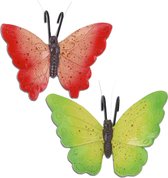 Tuindecoratie bloempothanger vlinder - set 2x - groen/rood - kunststeen - 13 x 10 cm