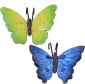 Tuindecoratie bloempothanger vlinder - set 2x - blauw/groen - kunststeen - 13 x 10 cm