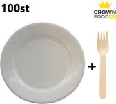 Papieren borden rond 23cm + houten vorken - 100st. - wegwerp bestek/servies - karton - Crown Food XL