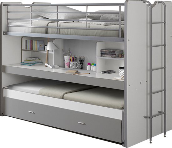 Lit mezzanine Bonny 80 avec bureau et tiroir de lit - gris - Vipack - Lits mezzanines avec bureau - Gris - Métal|Panneaux de particules - Lits mezzanines avec bureau