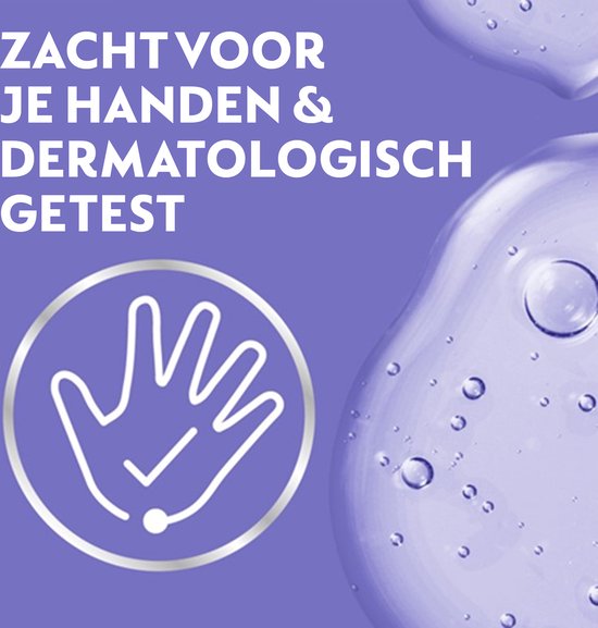 Paarse, gelachtige vloeistof met bubbels. Hand-icoon met vinkje. "Zacht voor je handen & dermatologisch getest".