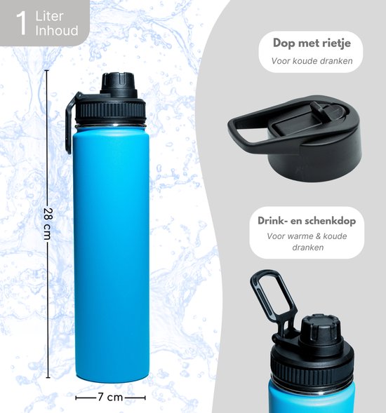 Gourde - Aqua Blue - 700 ML - Bouchon Extra avec paille et bec verseur - Gourde avec paille - Gourde isotherme - Sans BPA - Étanche
