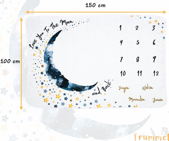 Frummel Mijlpaaldeken ‘Maan’ - Milestone deken - Mijlpaal baby - Kraamcadeau Jongen - Kraamcadeau Meisje - Baby Shower Cadeau - Baby Cadeau - Mijlpaaldeken in het Nederlands - Moederdag cadeau - 100 x 150 cm van Frummel — afbeelding 4