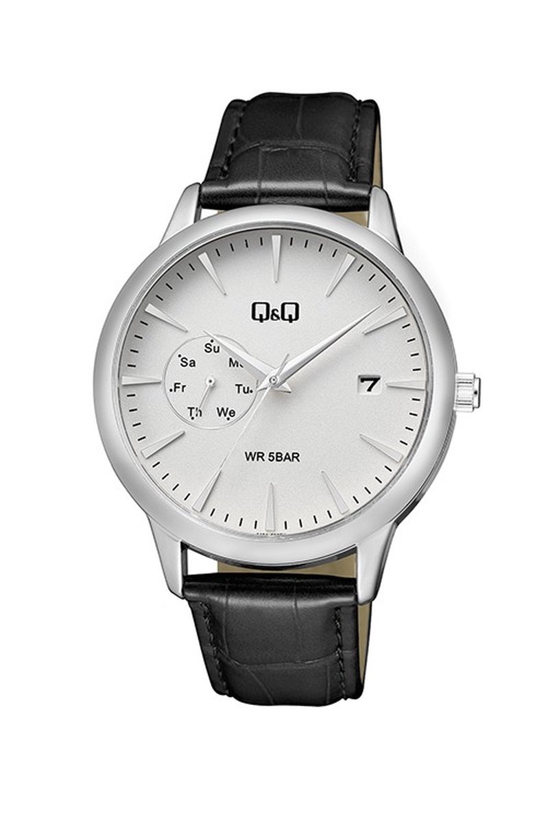 QQ A12A-004PY - Horloge - Heren - Mannen - Leren band - Rond - Metaal - Datumaanduiding - Streepjes - Zwart - Zilverkleurig - Wit - 5 ATM