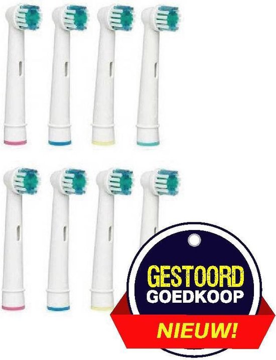 Acht witte opzetborstels voor elektrische tandenborstels met gekleurde ringen (roze, blauw, geel, groen). Gestoord Goedkoop Nieuw!