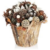 Décorations de Noël dans le pot de fleurs, différents types de pommes de pin dans le pot d'écorce décoratif, composition florale faite à la main comme décoration de table (1 pièce, 18 cm, blanc, perles)