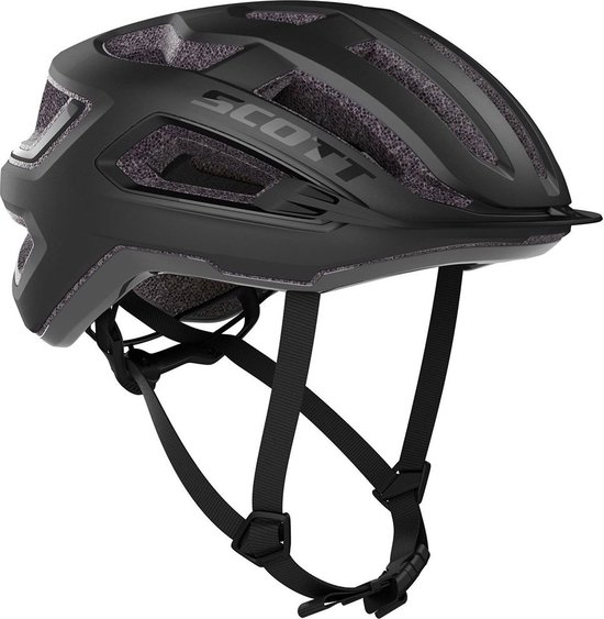 Zwarte Scott fietshelm met ventilatieopeningen, grijze details en bandjes.