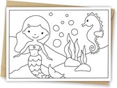 Inkleurkaart Zeemeermin - Onderwaterwereld - Kaarten om zelf in te kleuren - Kinderkaart - DIY - incl kraft envelop