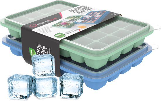 KitchenLove Siliconen IJsblokjesvorm met Deksel (2 Stuks) - 56 ijsblokjes - Vierkant - BPA Vrij - 100% Silicone - Groen & Blauw