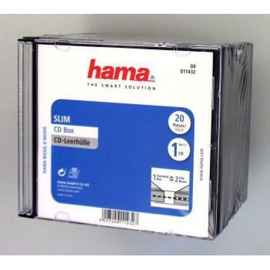 Pile de boîtiers CD SLIM Hama, 20 pièces par paquet, avec façade bleue et logo Hama.