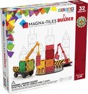 Magna-Tiles Builder 32-delige set verpakking met een opbouw van hijskranen, wegen en transparante blokken in rood, groen en geel.
