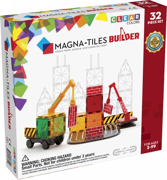 Magna-Tiles Builder 32-delige set verpakking met een opbouw van hijskranen, wegen en transparante blokken in rood, groen en geel.