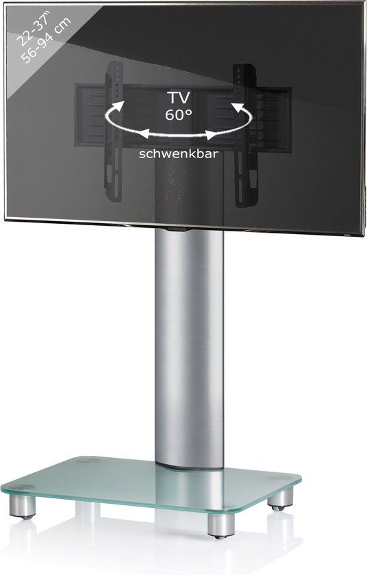 Zwarte platte tv op een zilverkleurige standaard, 22-37 inch, 60 graden draaibaar.