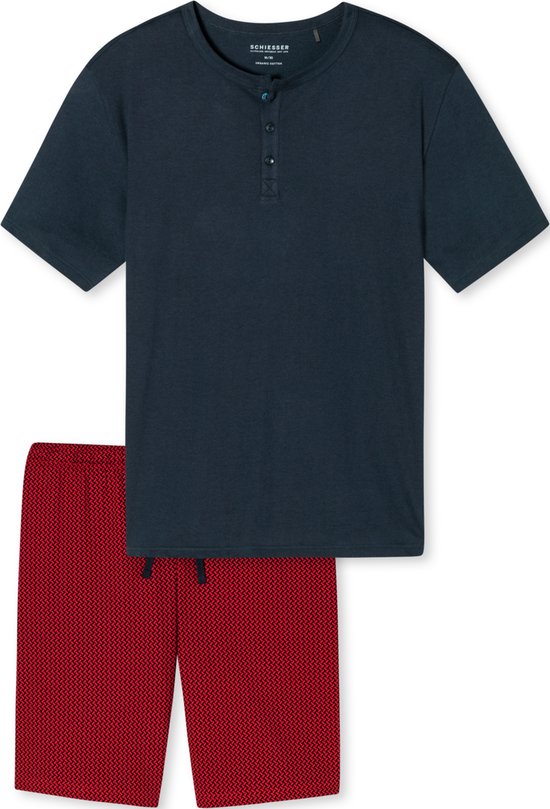 SCHIESSER Fashion Nightwear shortamaset - heren shortama biologisch katoen knoopsluiting visgraatpatroon donkerblauw - Maat: XXL
