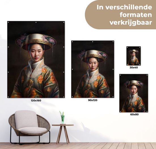 Tuinposter 60x80 cm - Tuindecoratie Vrouwen - Aziatisch - Bloemen - Portret - Poster voor in de tuin - Buiten decoratie - Schutting tuinschilderij - Tuindoek muurdecoratie - Wanddecoratie balkondoek