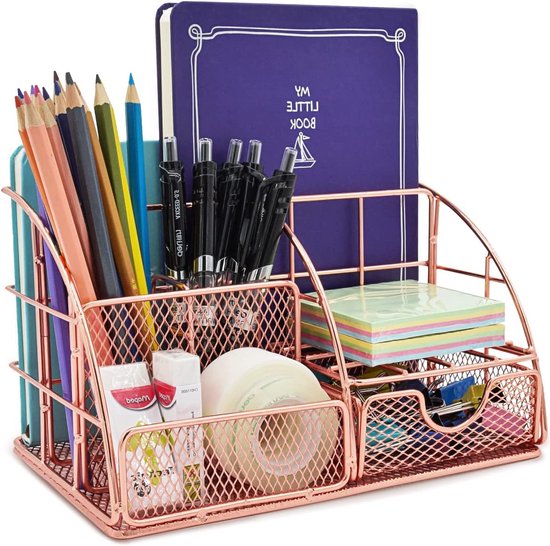 Lenfuos Bureau-organizer, mesh metalen kantoororganizer met lade en pennenhouder voor pennen, nietmachines, ordnerklemmen, plaknotities, ruimtebesparende bureau-organizer