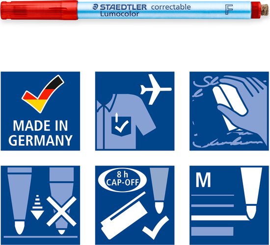 Un stylo rouge étiqueté 'STAEDTLER Lumocolor correctable F'. Icônes : Fabriqué en Allemagne, séchage rapide sur tissu, gomme, 8h cap-off, M (moyen).
