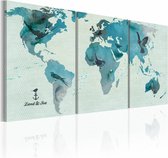 Schilderij - Wereldkaart - Ornithologische Kaart, Blauw, 3luik , premium print op canvas