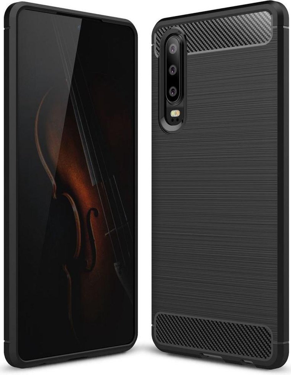Geborsteld TPU Hoesje Geschikt voor Huawei P30 | Beschermhoes | Back Cover | Flexibel TPU | Stijlvol Carbon | Dun | Zwart