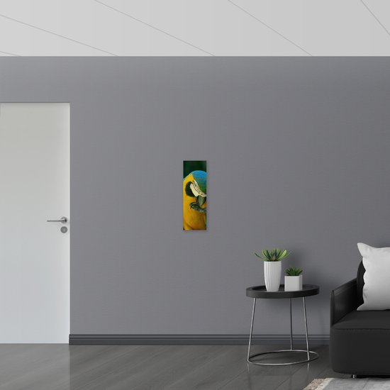 Poster (Mat) - Blauw met Gele Papegaai Bijtend op Klauw - 20x60 cm Foto op Posterpapier met een Matte look