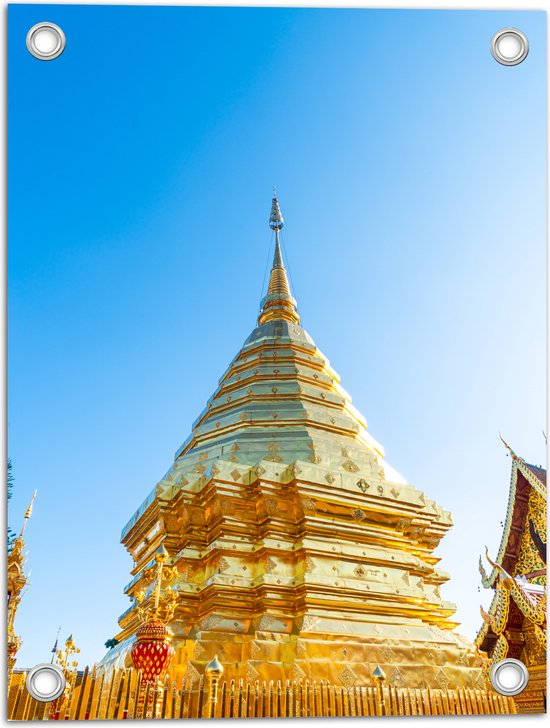 Tuinposter – Boeddhistische Wat Phrathat Doi Suthep Tempel Vol met Gouden Versieringen - 30x40 cm Foto op Tuinposter (wanddecoratie voor buiten en binnen)