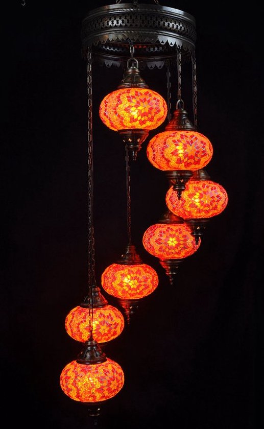 Lampe Turque Suspension Mosaïque Oriental Marocain Lustre Handgemaakt Oranje 7 ampoules
