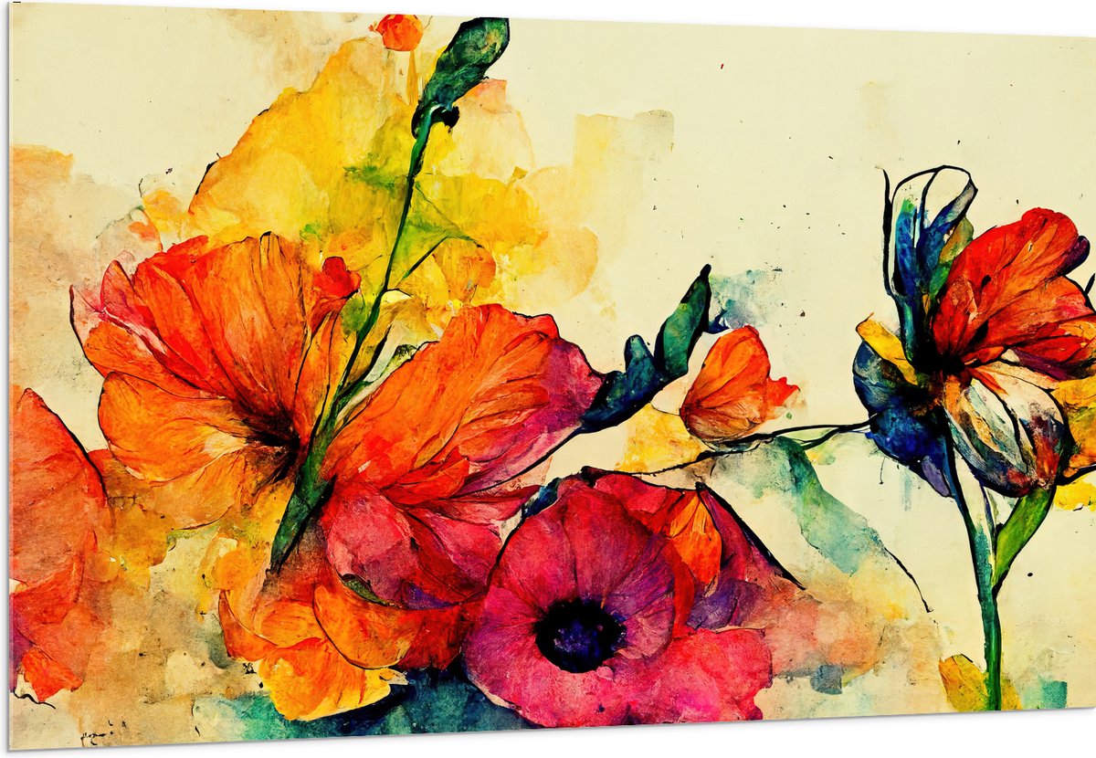 Acrylglas - Abstracte Bloemen in Verschillende Kleuren van Waterverf - 150x100 cm Foto op Acrylglas (Wanddecoratie op Acrylaat)