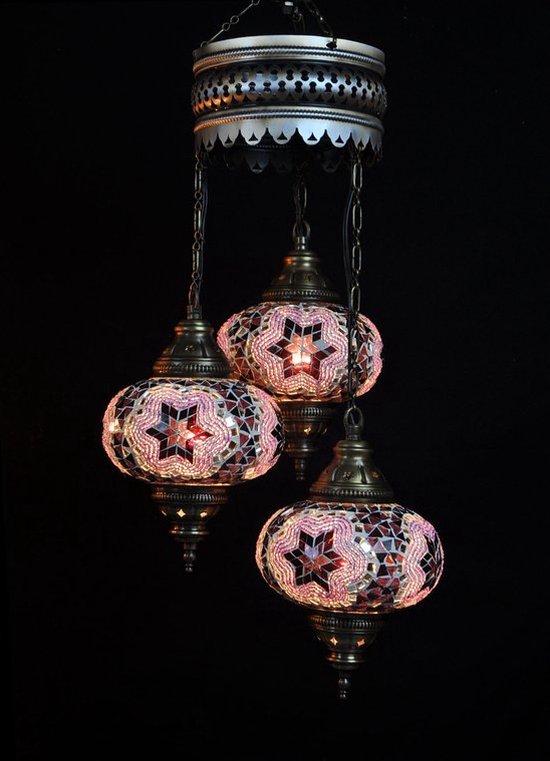Lampe Turque Suspension Mosaïque Marocain Oriental Handgemaakt Main Violet 3 ampoules