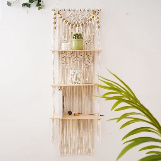 Macramé wanddecoratie, 3-traps drijvende planken voor slaapkamer, badkamer, kinderkamer, boho-decoratie, voor bloemenpotten