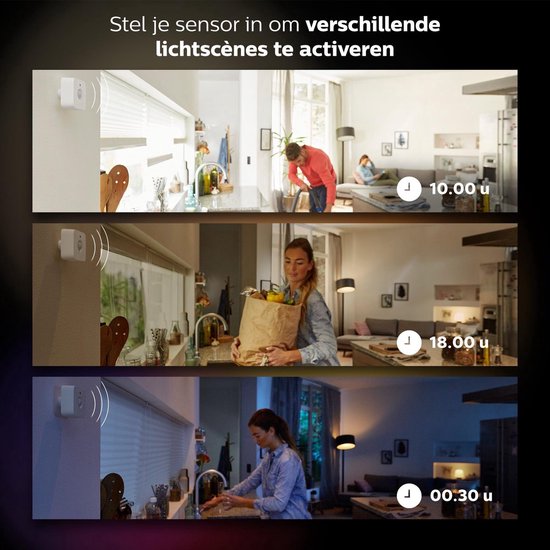 Drie scènes tonen hoe de Philips Hue sensor automatisch lichten activeert op verschillende tijdstippen.