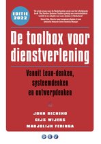 Boek kaft met rode achtergrond. Titel: De toolbox voor dienstverlening. Ondertitel: Vanuit Lean-denken, systeemdenken en ontwerpdenken. Auteurs: John Bicheno, Gijs Wijers, Marjolijn Feringa.