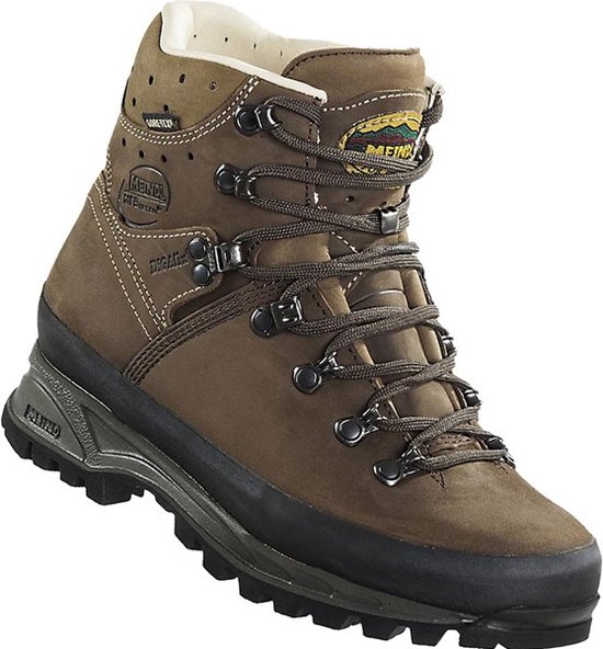 Chaussure de randonnée montante en cuir marron avec lacets, logo GORE-TEX et logo Meindl sur le côté.