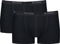 Twee zwarte Sloggi boxershorts op een rij, elk met een elastische tailleband met logo.