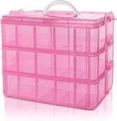 Belle Vous 3 Laags Stapelbare Roze Plastic Opslag Doos - Aanpasbare Compartiment Sleuven - Maximaal 30 Compartimenten - Opslag Container Voor het Opslaan van Speelgoed, Juwelen, Hobby en Kunst