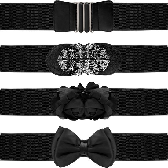 Belle Vous Dames Zwart Vintage Elastische Rek Riem (4pak) - 4 Stijlen – Brede Retro Mode Riem Heupband Voor Jurken - BELLE VOUS