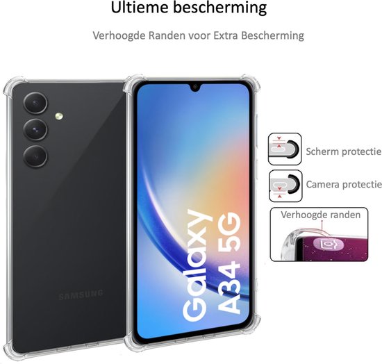 Geschikt voor Samsung A34 Hoesje + Privé Screenprotector + Camera Beschermglas - Privacy Tempered Glass - Case Transparant