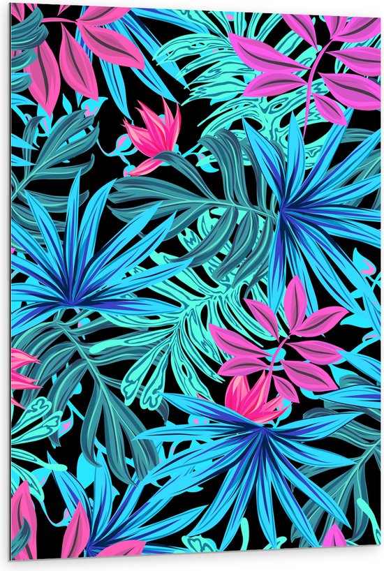 Dibond - Patroon van Blauwe en Paarse Planten tegen Zwarte Achtergrond - 80x120 cm Foto op Aluminium (Wanddecoratie van metaal)