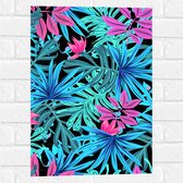 Muursticker - Patroon van Blauwe en Paarse Planten tegen Zwarte Achtergrond - 40x60 cm Foto op Muursticker