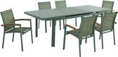 MYLIA Tuineethoek van aluminium: een uitschuifbare tafel 180/240 cm en 6 opstapelbare fauteuils met armleuningen van acaciahout - Amandelgroen - NAURU L 240 cm x H 89 cm x D 100 cm