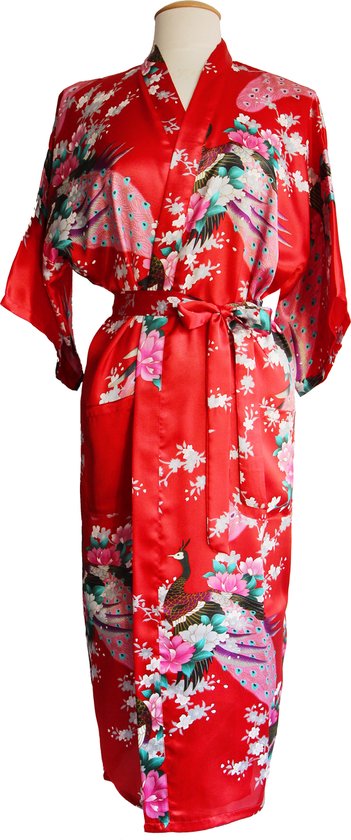 KIMU® Kimono Rood 3/4 - Maat M-L - Yukata Satijn Onder de Knie - Driekwarts Rode Ochtendjas Japanse Kamerjas Sexy Satijnen Badjas Geisha Pauw Japan