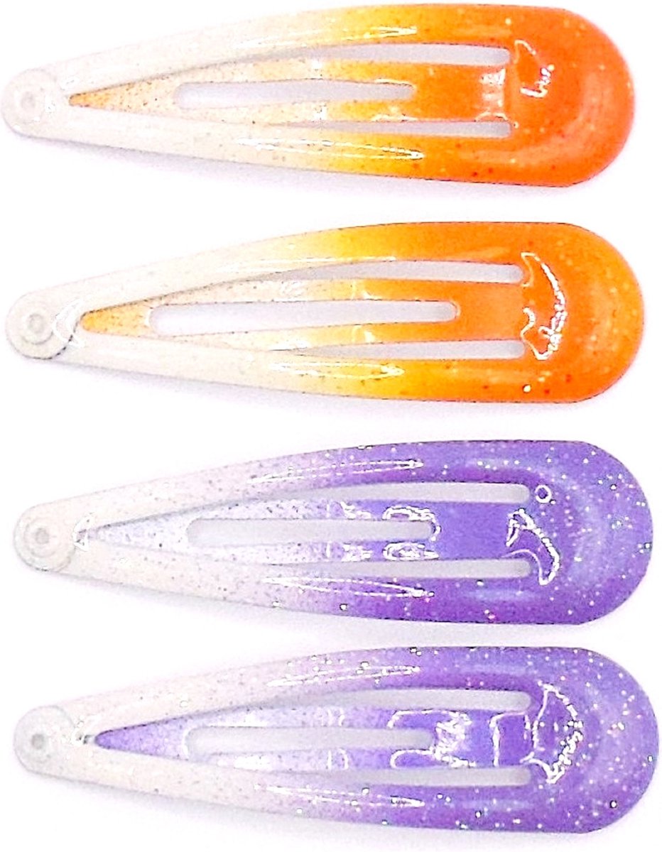 Klik-klak haarspeldjes oranje-wit-paars glitter